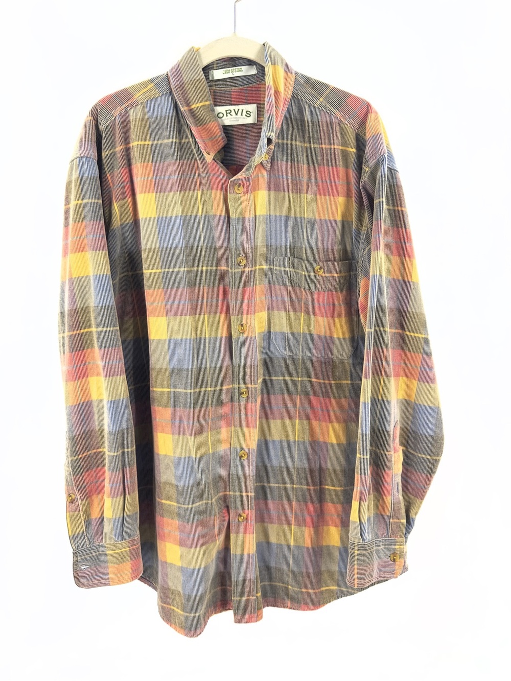 Orvis Corduroy Shacket Button Down Shirt Mens Large Rainbow Plaid Multicolor